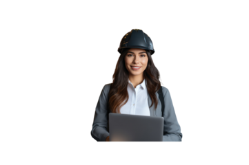 Female engineer manager in helmet smiling holding laptop