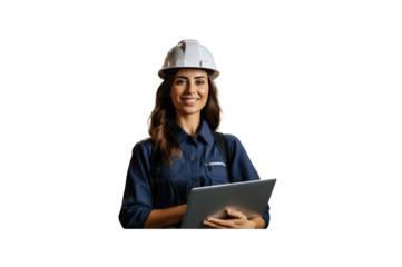 Female engineer manager in helmet smiling holding laptop