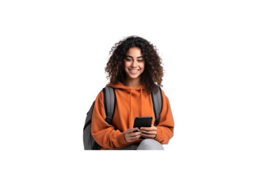 Fun female student wearing a casual sweater Sitting near a backpack, a book, holding hands, using a cell phone