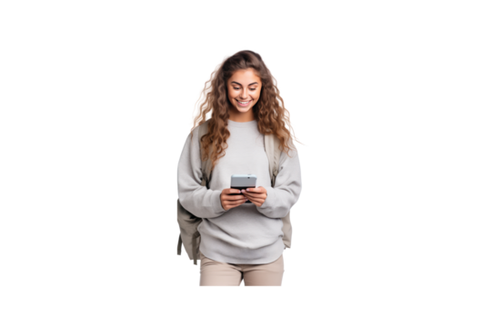 Fun female student wearing a casual sweater Sitting near a backpack, a book, holding hands, using a cell phone