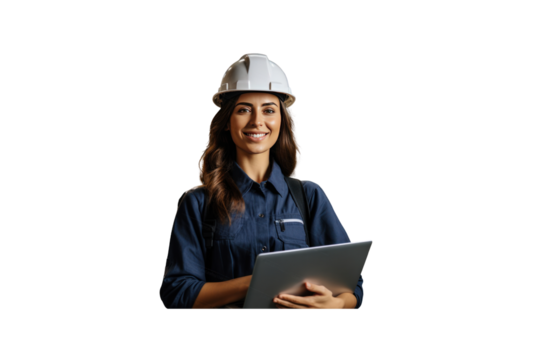 Female engineer manager in helmet smiling holding laptop