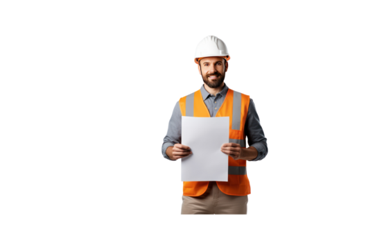 Construction engineer standing holding contract documents, inspecting development
