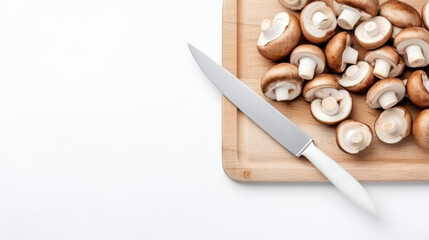 Fototapeta na wymiar Closeup of whole raw fresh champignon mushroom on a white wooden table. Mushrooms as vegetable protein, raw food diet, vegetarianism.