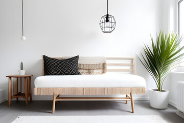 Home mockup, white room with natural wooden furniture, Scandi-Boho style. Close up. 3d rendering
