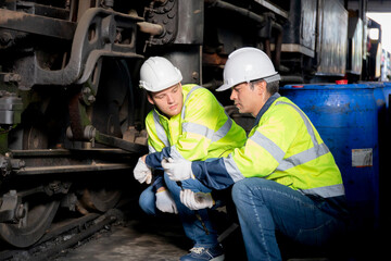 Young caucasian engineer man maintenance and repair train diesel engine in station, team engineer inspect system transport, technician checking infrastructure, transportation and industry.