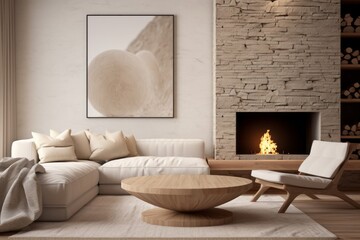 Nature's Embrace: Living Room with Fireplace and Couch