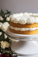 a closeup white cake on table whipping cream on top white plain