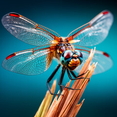 
Close-up of a dragonfly on a reed, with its wings in sharp focus. The style is macro photography. The lighting is natural and bright. The colors are vibrant, with a focus on the dragonflyâ€™s wings