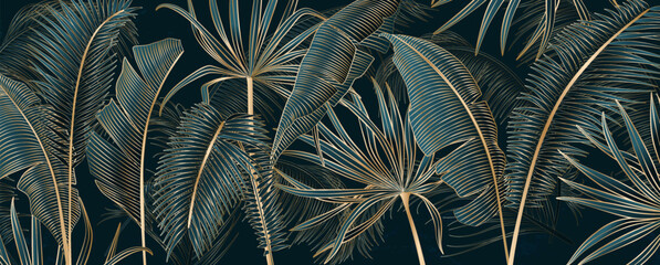 Abstract luxury art background with exotic plants in golden line style. Botanical banner with tropical leaves for wallpaper, decor, print, packaging, interior design. - obrazy, fototapety, plakaty