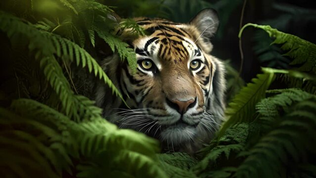 A sabertoothed tiger stalked through a thicket of lush ferns its eyes focused on a nearby deer.. .