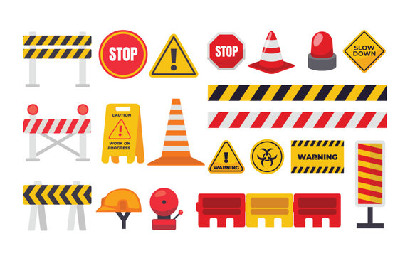 Set of Warning signs collection, under Construction caution and dangerous area alert attention, Danger yellow signs for safety with helmet, barrier and cone, hazard symbol, vector illustration