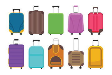 Set of luggage collection, colorful Travel luggage set for travel or journey, Suitcase plastic bag, travel bag luggage summer tour with bags and suitcases. accessory briefcase. vector illustration