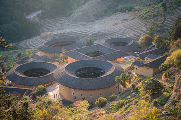 The Fujian tulou, old traditional rural dwellings in China aerial view.