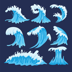 Set of sea waves collection, blue ocean waves with white foam, water splash isolated cartoon style, aqua liquid splashing fluids with droplets, background vector illustration