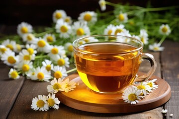 a cup of chamomile tea with flowers on wooden table