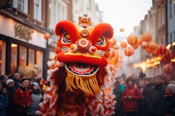 chinese new year celebration on streets with a big red and golden gragon