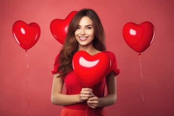 Fototapeta na wymiar happy female with a smile wearing red and holding red heart shaped balloons