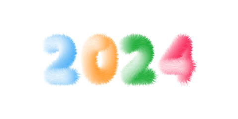 2024 New Year, Christmas. Soft, fluffy cartoon, furry, colorful, realistic figures. Highlighted on a white background. Easily editable.