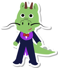 燕尾服を着た可愛い龍(竜・辰)のディフォルメイラスト(シール風)