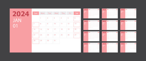 Calendar 2024 week start Sunday corporate design planner template with purple theme [Converted]