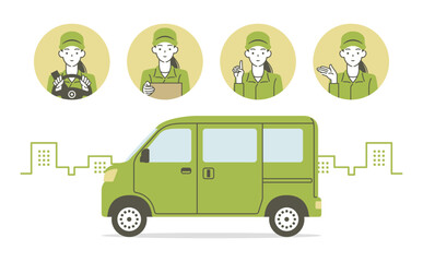 軽ワゴン車と女性ドライバー(配達員)のポーズセット