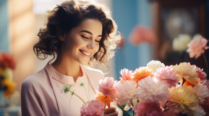 
The lady with a smile on her face holds a beautiful bouquet of flowers, a gift from her man for Valentine's Day. - obrazy, fototapety, plakaty