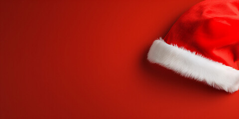 Santa Claus red hat close up on red background. Merry Christmas concept. - obrazy, fototapety, plakaty