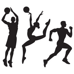 Vector black isolated icons silhouettes of athletes on white background. A basketball player taking a shot, a gymnast performing a routine and a runner in mid stride. Sportsman icon collection