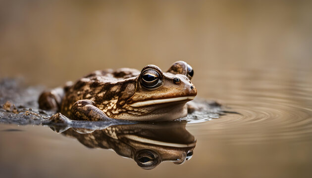 Frogs head with reflection in the water.
