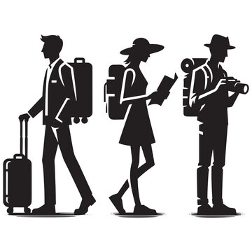 Vector Icons Silhouettes Of Travelers. Tourist With A Rolling Suitcase, A Person With A Map And Backpack, And A Traveler Wearing A Hat And Carrying A Camera. Isolated Black Icons On White Background