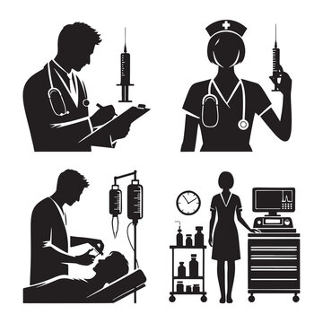 Vector icons silhouettes signs symbols of medical professionals. A doctor examining a patients chart, a nurse administering a vaccine and a technician operating medical equipment. Isolated  on white