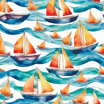 Watercolor painting hand drawn waves with sailboats pattern background illustration with wet effect. Artistic ornamental grunge watercolor textured wavy lines borders ornament. abstract modern design