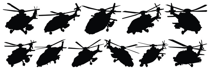 Helicopter war army silhouettes set, large pack of vector silhouette design, isolated white background