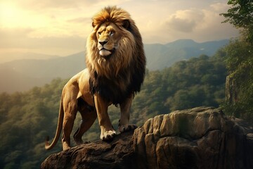 Single lion standing proudly on a small hill. Lion of Judah, exuding strength and power. big male lion. Image about animal. - obrazy, fototapety, plakaty