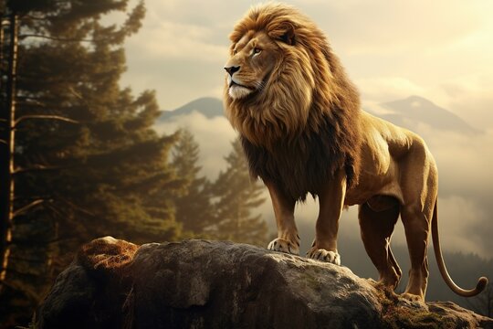 Single lion standing proudly on a small hill. Lion of Judah, exuding strength and power. big male lion. Image about animal.