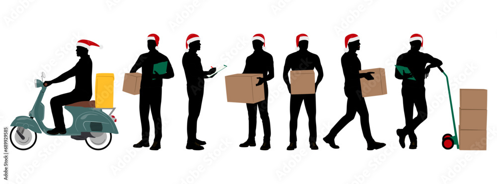 Wall mural set of delivery workers in santa hat holding boxes with a clipboard. warehouseman wearing christmas 