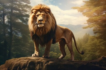 Single lion standing proudly on a small hill. Lion of Judah, exuding strength and power. big male...