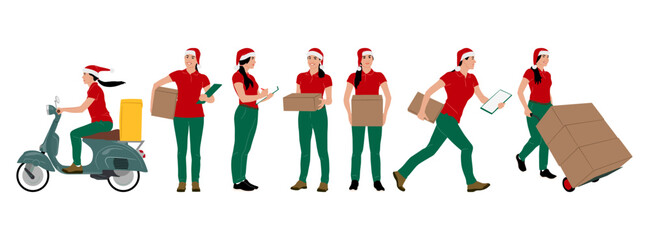 Set of delivery workers in Santa hat holding boxes with a clipboard. Warehouseman wearing Christmas hats with cargo carts. Vector illustration isolated on white