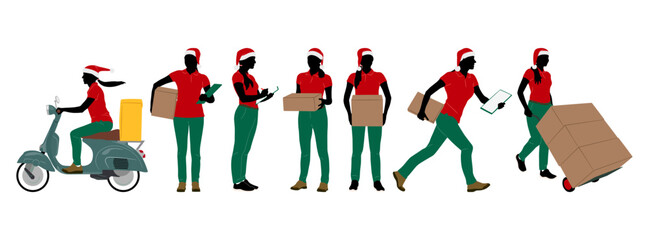Set of delivery workers in Santa hat holding boxes with a clipboard. Warehouseman wearing Christmas hats with cargo carts. Vector illustration isolated on white