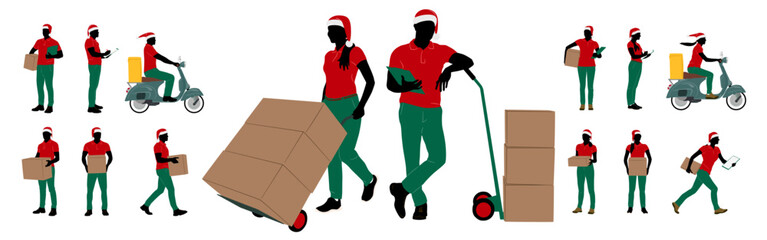 Set of delivery male and female workers in Santa hat holding boxes with a clipboard. Warehouseman wearing Christmas hats with cargo carts. Vector illustration isolated on white