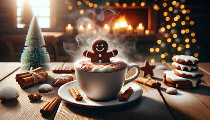  image showing a close-up of a steaming cup of hot chocolate with a gingerbread man partially submerged in it, set on a winter-themed cafe table - obrazy, fototapety, plakaty