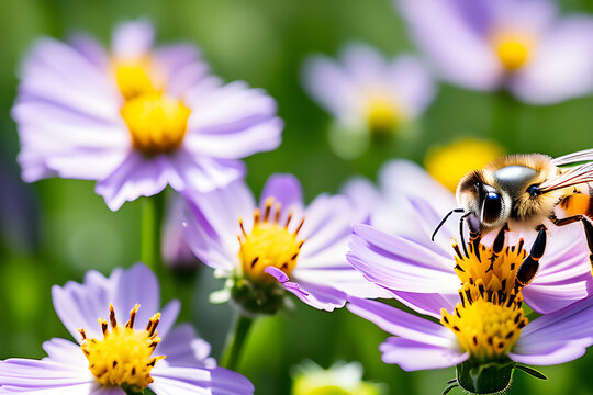 Nature's Communion: A close-up picture of a bee on a flower against a green meadow  generative ai
