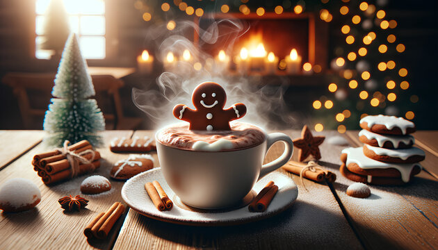  image showing a close-up of a steaming cup of hot chocolate with a gingerbread man partially submerged in it, set on a winter-themed cafe table