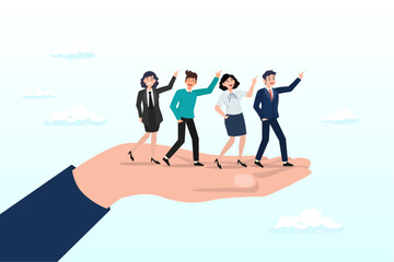Fototapeta na wymiar Business people employees pointing to the same goal in company hand, company culture or employees sharing the same value, goals and attitude to make up organization and corporate success (Vector)