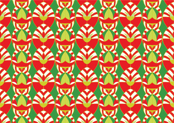 The image is a background pattern featuring a symmetrical design in red and colorful hues. It could be used for clothing, wrapping paper, or fabric motifs.