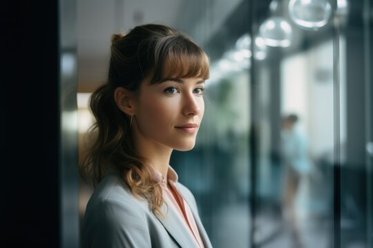 Portrait of a businesswoman leaning on glass pane
