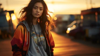 Poster an East Asian woman, edgy street style, wearing a neon windbreaker, cargo pants, platform shoes, holding a skateboard in a skate park at sunset © Tisha