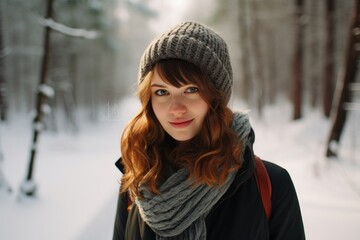 Fototapeta na wymiar Cheerful woman in winter forest