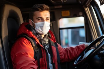 Young truck driver wearing protective mask - obrazy, fototapety, plakaty