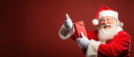 Fototapeta na wymiar Santa Claus pointing on red empty background.